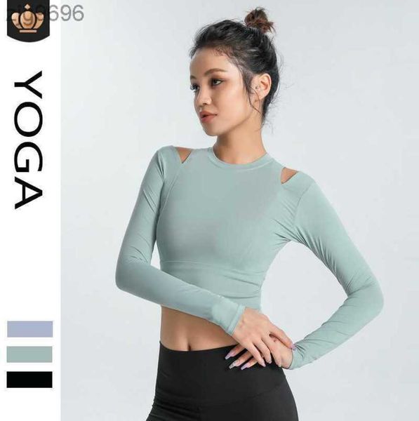 2023 Desginer Al Yoga t Short Top Top Primavera y verano para mujer Medias deportivas cortas con hombros descubiertos parecen delgadas y usan ombligo Fitness Mangas largas