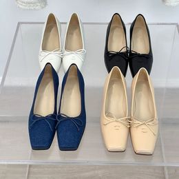 2023 Design luxe mode bout carré chaussures minces classique femmes motif imprimé 100% cuir bowknot chaussures à enfiler décontractées dame confort élégant chaussures à talons bas tailles