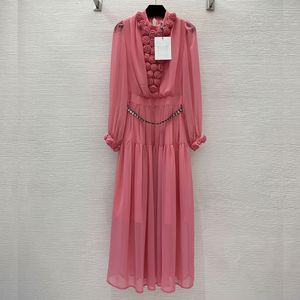 2023 Designer Autumn Round Round Neck Camellia 3d geniete Lantern Sleeve Lace Up Taille Flowing Large Swing lange jurk