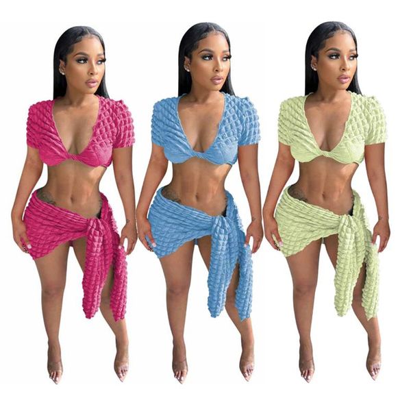 2023 Designer Bubble Jurk Sets Zomer Vrouwen Sexy Diepe V-hals Crop Top en Bandage Rok Tweedelige Sets Casual Mini Rok Past Groothandel Kleding 9826