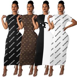 2024 Robes de créateurs Été Femmes Manches courtes Moulante Maxi Robe 2X Mode Noir Blanc Panneaux Imprimer Jupe Sexy Night Club Party Wear Printemps Vêtements 2780-7