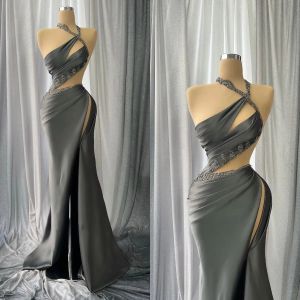 2023 Designer Gray Mermaid Prom jurken Halter kralen hoge split satijn op maat gemaakte vloerlengte avondjurk formele gelegenheid slijtage vestidos plus maat