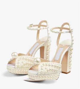 2023 Diseñador Sandalias de tacón alto Zapatos de vestir de novia elegantes Sacora Lady Sandalia de moda Perlas Cuero Marcas de lujo Tacones altos Mujeres Fiesta de graduación regalo de vacaciones