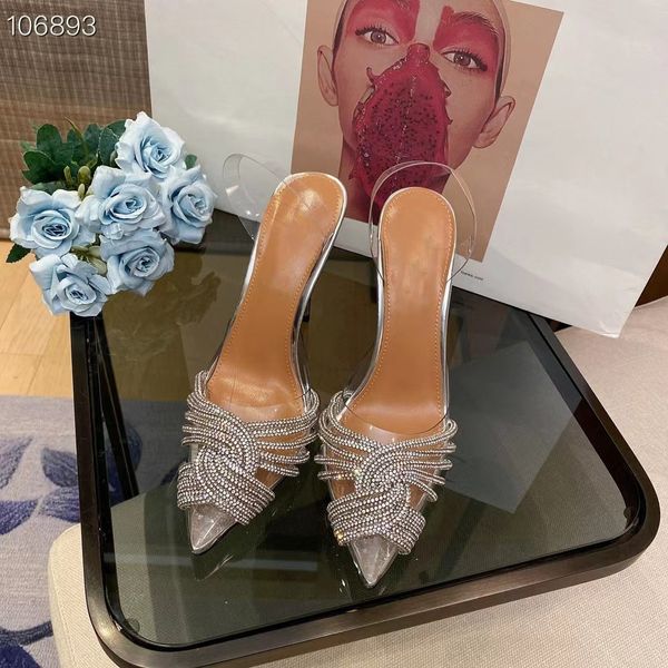 2023 zapatos de tacón alto de diseñador Muller puntiagudos decoración de diamantes de imitación zapatos de vestir de banquete adornados con cristales para mujer 34-40