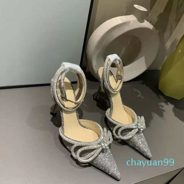 2023 zapatos de vestir de diseñador para mujer, tacones altos con diamantes de imitación, lazo de cristal, zapato de satén para mujer, sandalias de cuero de moda para fiesta de boda, parte