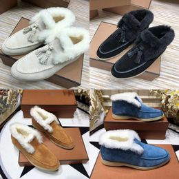 2023 Designer Loro Pianas Damesschoenen Suède Heren Dames Outdoor Wit Zwart Blauwe Jurk Casual Schoenen Kwastjes Winter Sneeuw Open Walk flats