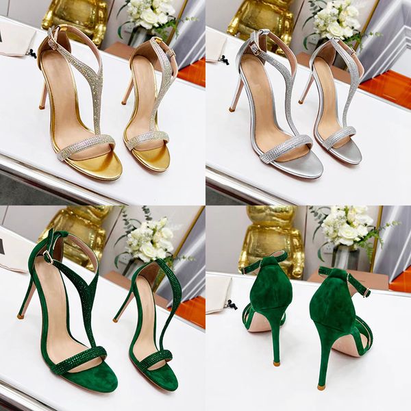 2023 Designer Luxe Coloré Strass Sandales Femmes Cuir Argent Or Vert Élégance Chaussures Printemps Été Dame Mode Évidé Stiletto Talons Hauts Sandale