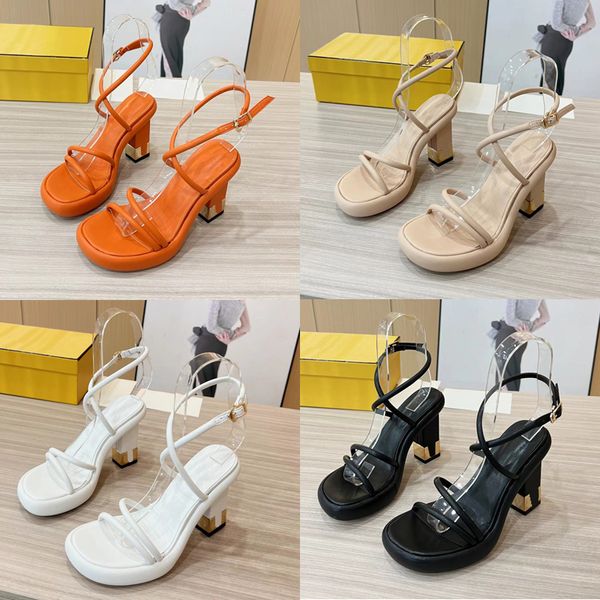 2023 Diseñador Luxury Pure Color Sandals Sandals para mujer 100% de cuero negro/blanco/albaricoque/naranja Sandalia tira de tiras Ladys sexy tacones gruesos zapatos de punta abierta