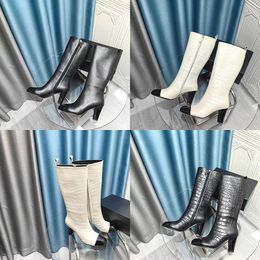 2023 Designer Luxe Pure Couleur Cuissardes Bottes Sexy Femmes Véritable Cuir Véritable Fête en plein air Respirant Crocodile Imprimer Boot Lady Mode Chaussures de confort à talons hauts