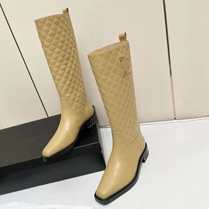 2023 Designer Luxe vierkant teen dijhoge laarzen sexy dames 100% lederen elektrische geborduurde diamant check boot ladys mode hoge hakken comfortschoenen maten 35-40