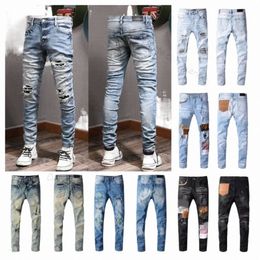 2023 Designer heren jeans hiphop mode rits gat wassen jean broek retro gescheurde vouw stiksels mannen ontwerp motorrijden cool slanke broek paars jean W4fv#