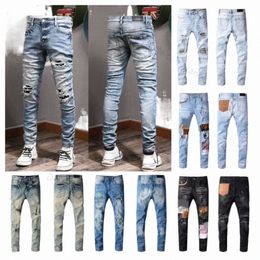 2023 Designer heren jeans hiphop mode rits gat wassen jean broek retro gescheurde vouw stiksels mannen ontwerp motorrijden cool slanke broek paars jean P1ue #