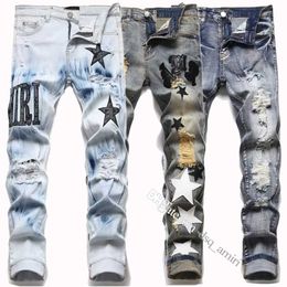 2023 Designer Heren Jeans Broek Gescheurd High Street Modemerk Pantalones Vaqueros Para Hombre Motorfiets Borduurwerk Trendy Lange Hip Hop met Gat Blauw 420e6a