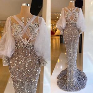 2023 Designer Mermaid Avondjurken Lange mouwen Sparkly Sequgels kristallen kralen Lace Applique Plus size plooien PROM JADE Formele op maat gemaakte vestidos