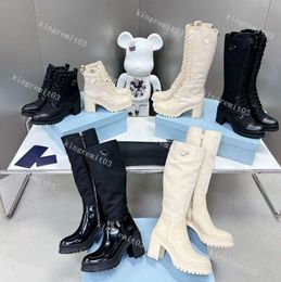 2023 Designer Monolith Boots Mujer Rois Botines Chunky Heel Combat Zapato de moda Piel de becerro Marca Militar Inspirado Zapatos de cuero Nylon Negro