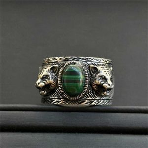 2023 Designer Nieuwe sieraden Silver Antique Green Turquoise dubbele tijgerkop Twaalf Zodiac Dominee Personality Ring