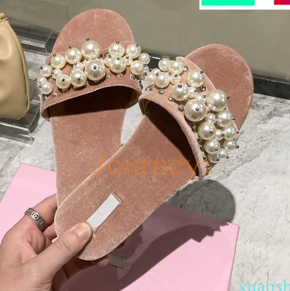 2023 Designer nouvelles femmes Mius Pearl Slides pantoufles de luxe Marque de mode Chaussures Caral Emerald Black Summer Sandals Lady Womens Heels