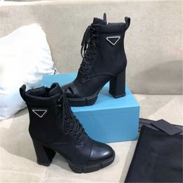 2023 Designer Parijs Enkellaarsjes Leer en Nylon Stof Laarsjes Vrouwen Monolith Biker Australië Winter Platform Hoge Hakken Maat 35-41