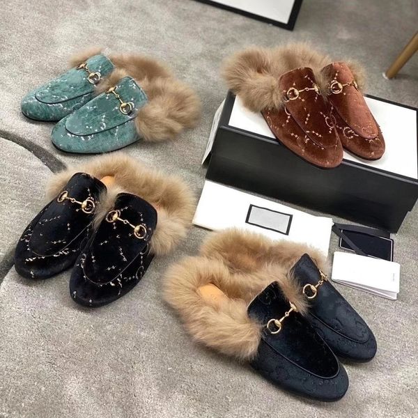 2023 Designer Princetown Pantoufles Véritable Cuir Fluff Fur Mules Femmes Mocassins Chaîne En Métal Confortable Casual Hommes Chaussure Lace Mules Appartements Nouveau Velvet Slipper