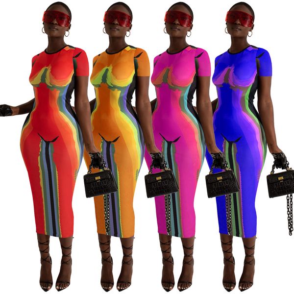 2023 Designer Print Robes Femmes Casual Crew Neck Slim Bodycon Pencil Dress Free Ship