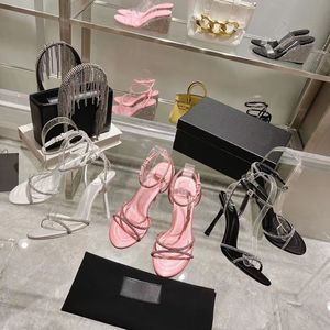 2023 Designer Pure Color Rhinestone Hoge Heel Sandalen Dames Luxe leer Zwart Wit Pink Open Teen Crystal Sandaal Ladys Sexy Fashion Strappy Stiletto Heel Shoes