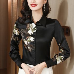 2023 Designer Rétro Floral Noir Chemises Femmes Manches Longues Classique Boutonné Chemises Automne Hiver Mignon Revers Occasionnel Nouveau dans les Blouses Bureau Dames Élégantes et Jeunes Hauts