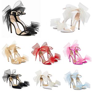 2023 Sandalias de diseñador Averly Bombas Arcos Zapatos con caja Mujeres de lujo Tacones altos Sandalia Aveline con malla de grosgrain asimétrica Fascinator tamaño 35-42