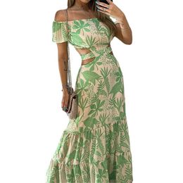 2023 Designer Sexy Maxi Robes D'été Femmes De L'épaule Évider Robe Longue Plus La Taille 3XL Imprimer Robe De Soleil Lâche Vacances Plage Porter Des Vêtements En Gros 9938