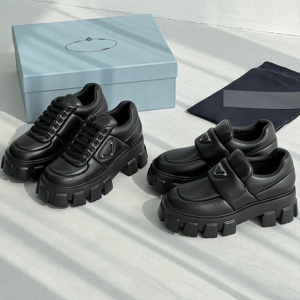 2023 Zapatos de diseñador Zapatos formales de marca para mujer Zapatos planos Moda Bizcocho Suela gruesa Zapatos casuales Triángulo Micro adorno Cuero Mocasines de suela gruesa de lujo