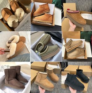 2023 Designer Snow Ug Bottes Australiennes Femmes Bottes Bottes Laine Fourrure Pantoufle Chocolat Dune Châtaigne Boucle D'hiver Fourrure Neige Demi Genou Court Lady Diapositives En Peau De Mouton