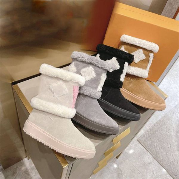 2023 Designer Snowdrop Botines planos Forro de lana Suela de goma Casual Suede Street Style Cuero liso Martin Botines de invierno Zapatillas de deporte Tamaño 35-41