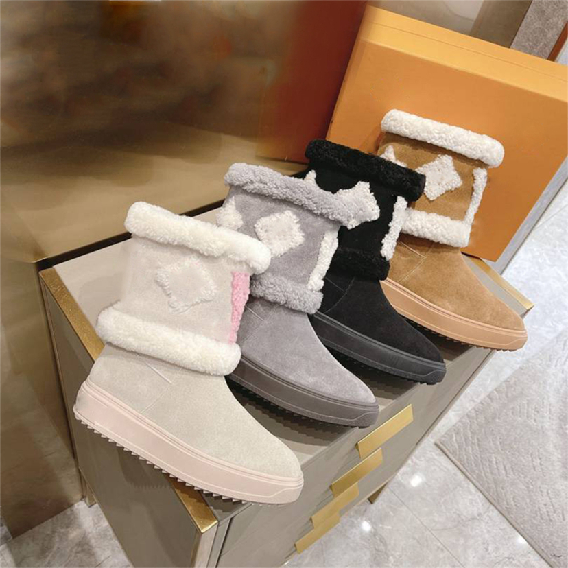 2023 Designer Snowdrop Flat Ankle Boots ullfoder gummi yttersula Casual Suede Street Style Plain Leather Martin Winter Booties Sneakers Storlek 35-41