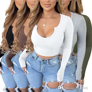 2023 Designer Spring dames t-shirt mode comfortabele vaste kleur pit strip u nek lange mouw bodycon vrouwen kleding crop top