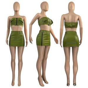 2023 Designer Summer Cuir Robe Ensembles Femmes Bustier Crop Top et Mini Jupe Deux Pièces Ensembles Casual PU Zipper Jupe Costumes Vêtements 9499