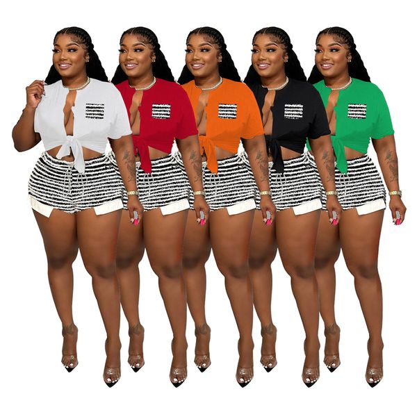 2023 Designer Summer Survêtements Deux Ensembles 2 Pièces Femmes Tenues Chemise Bandage À Manches Courtes Et Shorts À Rayures Assortis Sportswear Jogger Costumes En Gros 9628