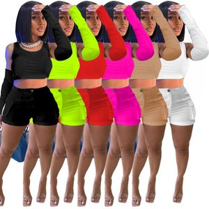 2023 Designer Zomer Trainingspakken Tweedelige Sets Dames Outfits Mouwloos Vest Top met Morsmouw en Cargo Shorts 3 stks Sportkleding Bulk Groothandel Kleding 9476