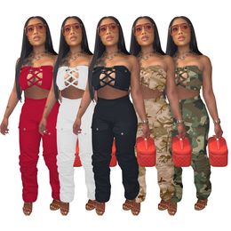 2023 Designer Zomer Trainingspakken Vrouwen Outfits Tweedelige Sets Sexy Bandage Strapless Tank Top en Broek Sportkleding Casual Camo Sweatsuits Groothandel Kleding 9364