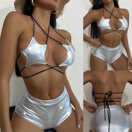 2023 traje de baño de diseñador conjunto de Bikini personalizado Sexy cintura alta plateado metálico Bikinis Top Halter Tie Split dos piezas ropa de baño para mujer
