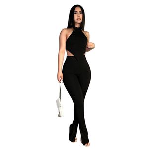 2023 Designer Tracksuits Summer Tweed Piece Sets Women Sexy Halter Neck Backless Top en Split Leggings matching Sets Casual Solid Outfits Groothandel Sportswear 9886