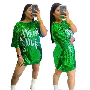 2023 Designer femmes robes mode col rond demi manches lâche perlé impression robe fête paillettes discothèque Style