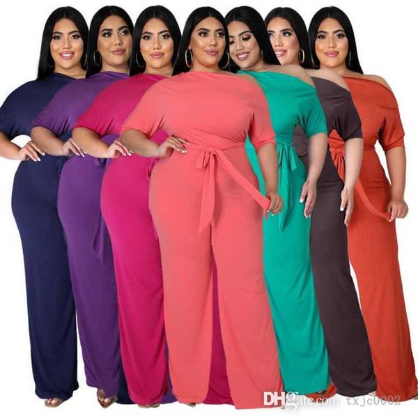 2023 Designer Femmes Plus La Taille Combinaisons Solide Couleur Bandage Oblique Épaule Flare Pantalon Body Mode Lâche Barboteuses