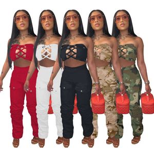 2023 Designer femmes deux pièces pantalons ensemble vêtements d'été évider gilet haut court et pantalon Camouflage imprimé costume