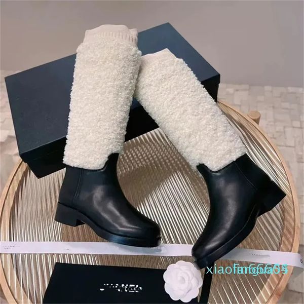 2023-diseñador mujeres lana caballero botas hasta la rodilla clásico lujo moda sexy negro blanco botas de cuero grueso invierno eléctrico lana de punto zapatos de tacón bajo