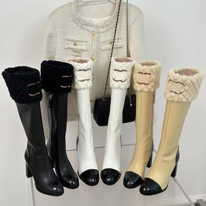 2023 Diseñador para mujeres de lujo de los dedos puntiagudos de los dedos puntiagudos de la cremallera de lana de cuero genuino botas de rodilla de rodilla dama otoño invernal sexy tamaños de zapatos de botas gruesas 35-40