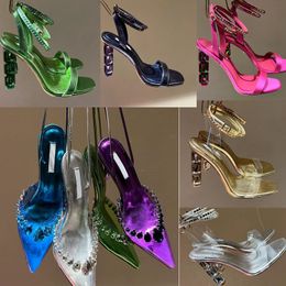 2023 designer femmes luxe strass sandales à talons transparents Satin une sangle sexy peep-toe chaussures à talons maigres printemps été dame décoration de pierres précieuses sandales à talons hauts