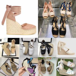 Designers Femmes Wedge Plateforme Sandales Espadrille Chaussures en cuir réel en cuir à lacets Matelasse Espadrille Ladies High Heel 12cm Taille 35-41 avec boîte