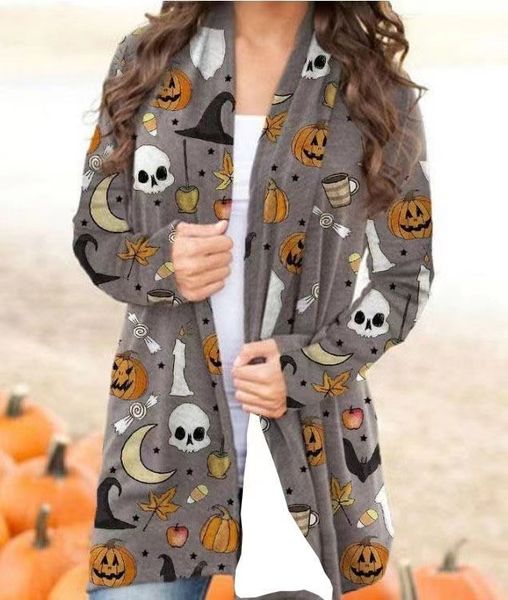 2023 Desinger camisas para mujeres Halloween Cardigan estampado Bestia Patrón de calabaza Patrón de calabaza Digital Sweaters de manga larga versátil chaqueta temática de Halloween HBP
