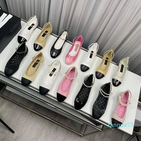 2023-Zapatos de vestir diseñador Zapato de ballet Primavera Otoño Perla Cadena de oro moda nuevo Zapato de barco plano Lady Lazy dance Mocasines Negro mujer Zhoes tamaño 34-41-42