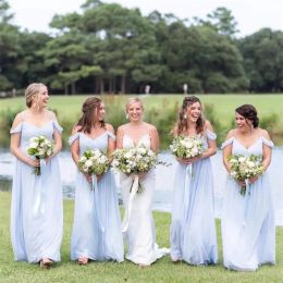 2023 Vestidos de dama de honor azul polvoriento Gasa Sin mangas Correas espaguetis Hasta el suelo Playa Tallas grandes Vestidos de invitados de boda Ropa de noche formal por encargo