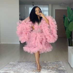 2023 Dusty Pink Ruffles Robes De Cocktail Courtes Tulle À Manches Longues Femmes Sexy Kimono Enceinte Soirée Vêtements De Nuit Femmes Peignoir Sheer Chemise De Nuit Robe Shawel